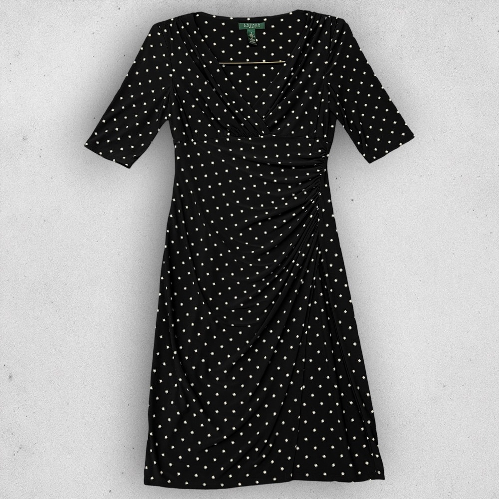 Lauren Ralph Lauren Black Starburst Print Ruched Sheath Dress Womens 4 V-Neck